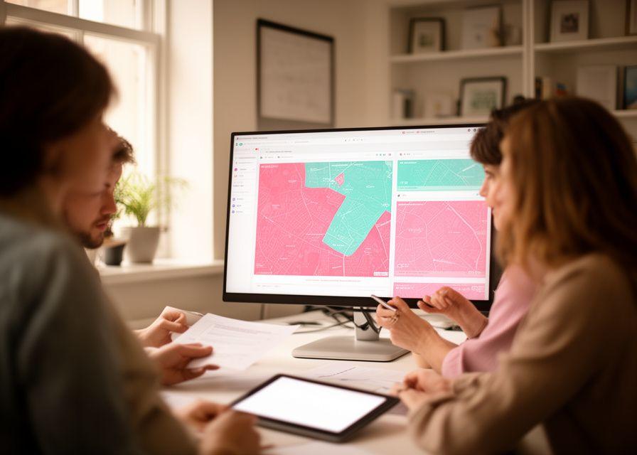 Small team reviewing geospatial dashboards in a bright Dublin studio with layered map visuals on screen