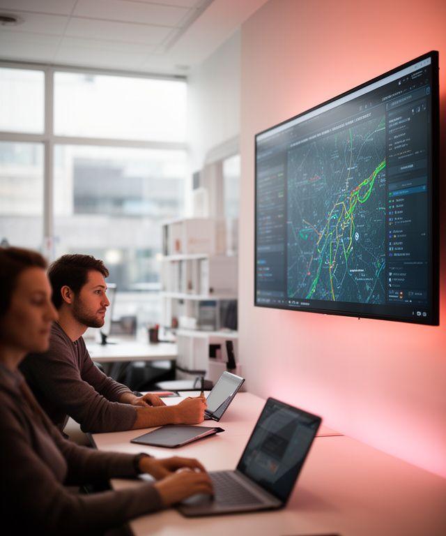 Geospatial analysts reviewing live route intelligence on a large screen in a bright Dublin workspace
