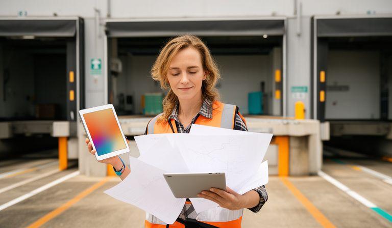 Logistics fleet coordinator checking route maps beside a warehouse loading bay with tablets and printed manifests
