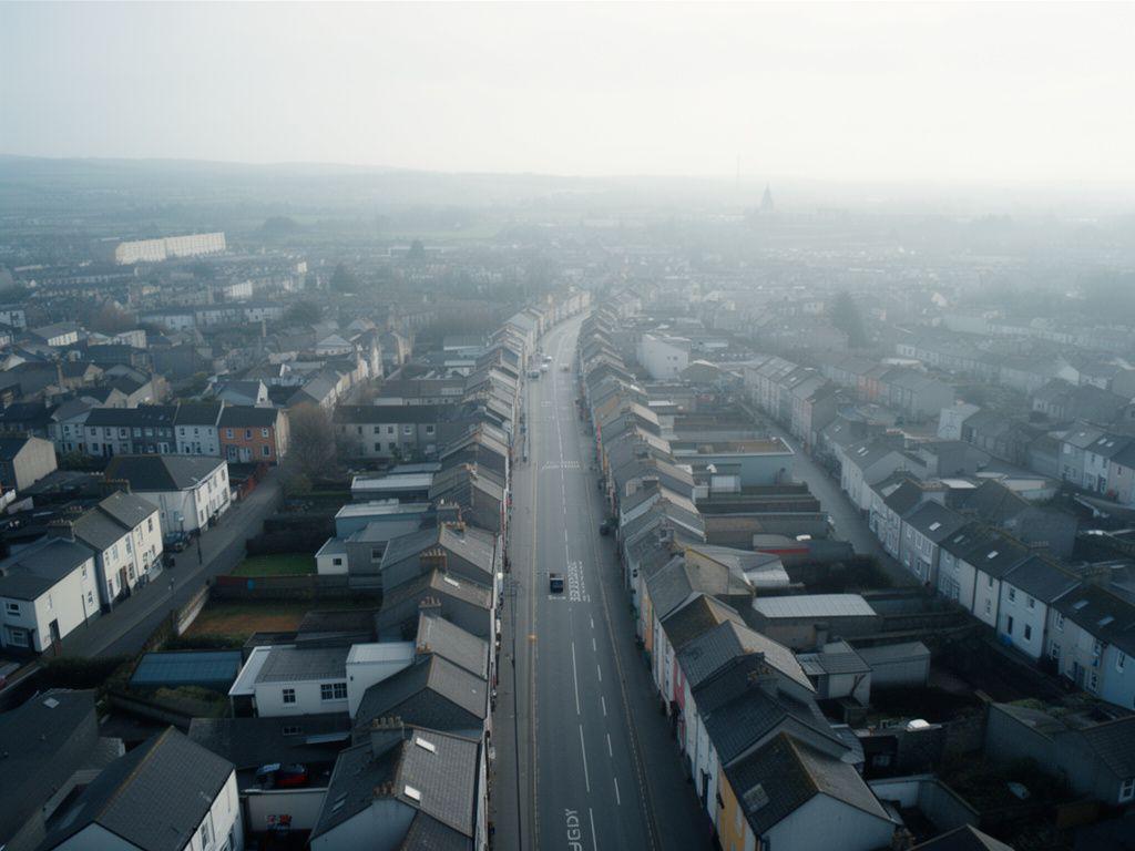 Aerial-style view of Dublin streets near Ballygall Place with a subtle office landmark in soft daylight