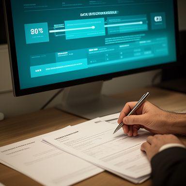 Analyst documenting a data retention schedule beside a monitor showing workflow stages