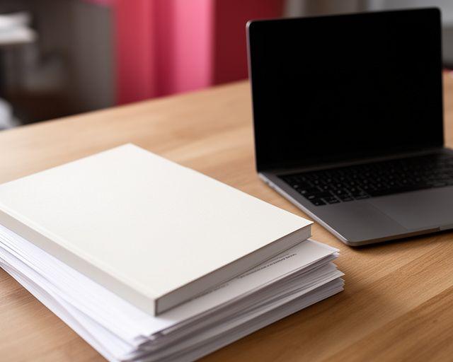Close-up of printed legal documents and a laptop on a tidy wooden desk in a calm office setting