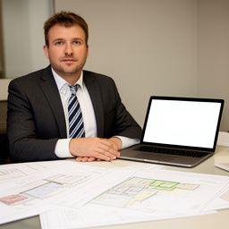 Portrait of a public sector mapping manager seated beside a laptop and printed planning charts